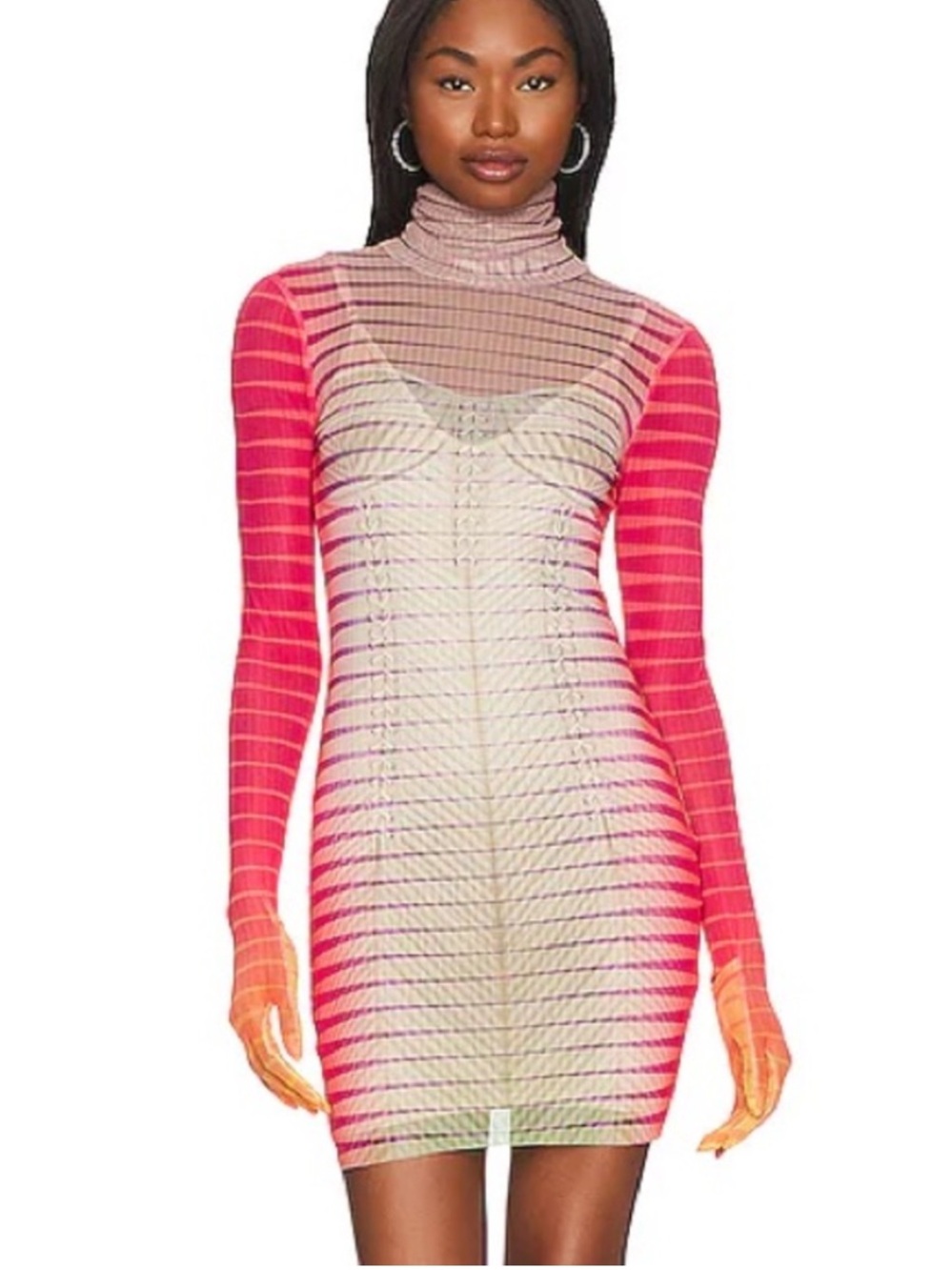 AFRM Pink Gradient Long-Sleeve Mesh Bodycon Dress